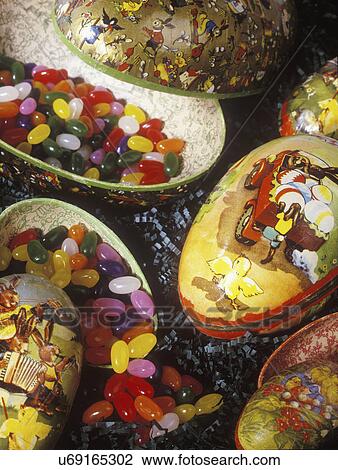 EASTER: Vintage egg shaped candy containers, paper Mache covered with chromoliths, lined, jelly bean candy. View Large Photo Image Stock Image - EASTER: Vintage egg shaped candy containers, paper Mache covered with chromoliths, lined, jelly bean candy.. Fotosearch