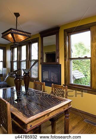 Eating Area Breakfast Room Gas Fireplace In Wall Under Mirror