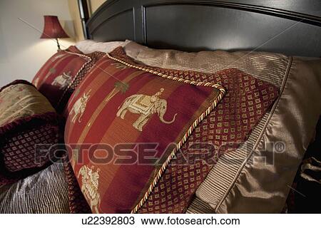 Stock Image - Elephant theme on throw pillows; Seal Beach; California; USA. Fotosearch