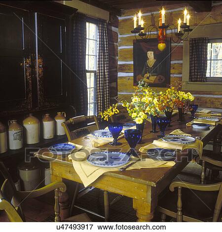 Esszimmer, -, mid-19th, jahrhundert, planke, tisch, chink, und