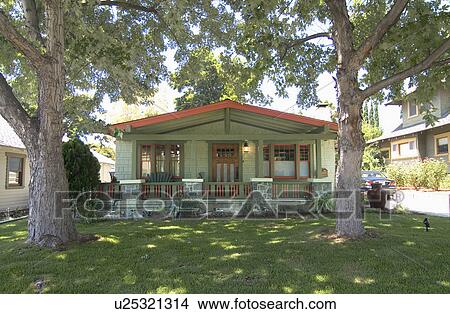 Picture - Exterior one story bungalow with red trim; Pasadena; California; USA. Fotosearch