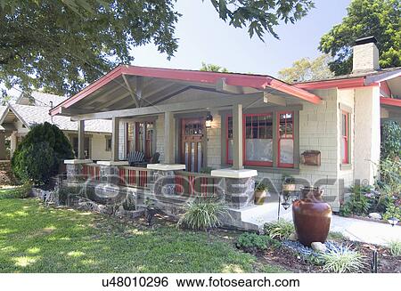 Stock Photograph - Exterior one story bungalow with red trim; Pasadena; California; USA. Fotosearch