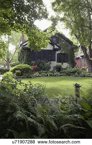 Stock Photo - EXTERIORS: Lush shaded front yard of city bungalow with Arts and Crafts influence, shutters and stucco, vertical version. Fotosearch