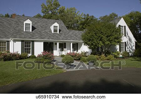 EXTERIORS: White traditional home with black shutters, front porch, pinker rose bushes, horizontal view, part of blacktop driveway in foreground, slate walkway to entrance, dormers View Large Photo Image Picture - EXTERIORS: White traditional home with black shutters, front porch, pinker rose bushes, horizontal view, part of blacktop driveway in foreground, slate walkway to entrance, dormers. Fotosearch