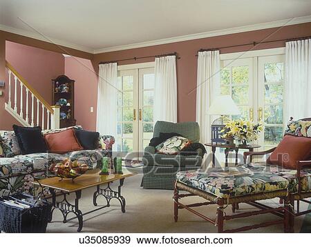 Family Room French Doors Ring Top Curtains Over Doors Coral