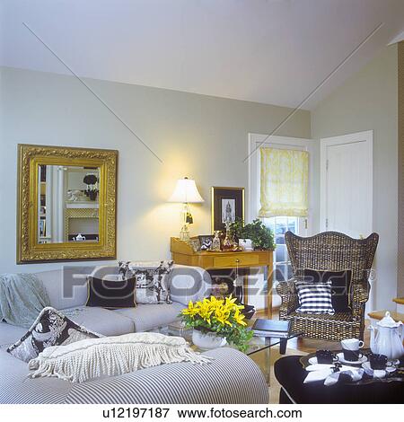 Family Room Sofa With Black White Ticking Wicker Chair Family Room Sofa With Black White Ticking Wicker Chair