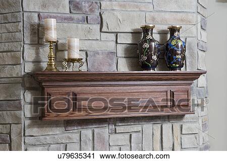 FIREPLACES: simulated composite looking flagstone, suspended oak mantel View Large Photo Image Stock Image - FIREPLACES: simulated composite looking flagstone, suspended oak mantel. Fotosearch