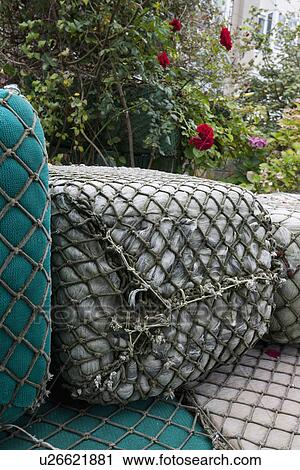 Stock Image - Floating buoys wrapped under commercial fishing nets. Fotosearch
