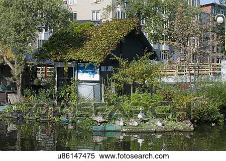 Stock Photography - Floating cottage with plants. Fotosearch