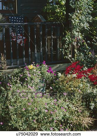 Flower garden in front of railing View Large Photo Image Stock Photo - Flower garden in front of railing. Fotosearch