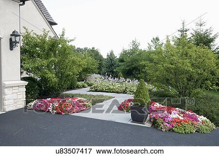 Flowers and plants in back yard garden of residential structure View Large Photo Image Stock Photo - Flowers and plants in back yard garden of residential structure. Fotosearch