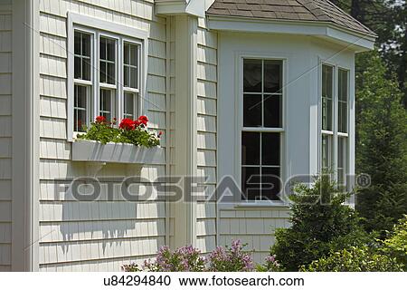 Stock Image - Flowers in window box of single family home. Fotosearch