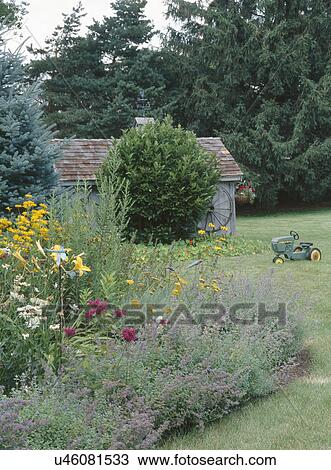 Stock Image - Fresh flowers and toy tractor outside barn. Fotosearch