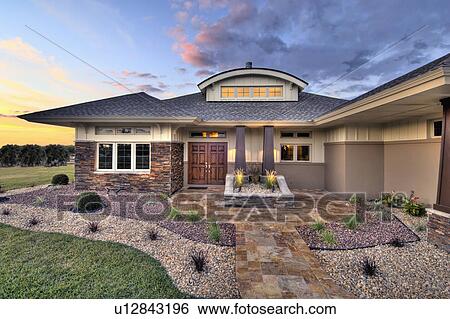 Front elevation custom home with landscaping View Large Photo Image Stock Photograph - Front elevation custom home with landscaping. Fotosearch
