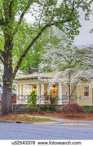 Stock Photo - Front exterior California Bungalow and landscaping; Chico; California; USA. Fotosearch