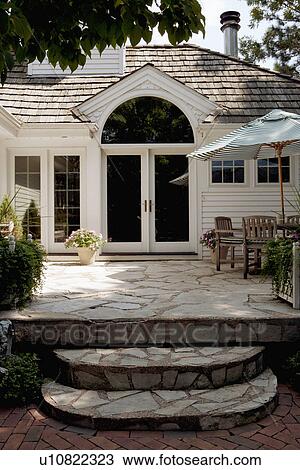 Stock Image - Front exterior of traditional house. Fotosearch