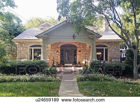 Stock Photo - Front exterior one story craftsman bungalow; Nashville; Tennessee; USA. Fotosearch