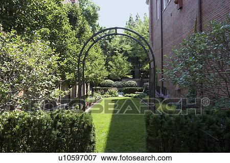 GARDEN: City garden: arbor in narrow city side yard, brick home, trees on opposite side View Large Photo Image Stock Photo - GARDEN: City garden: arbor in narrow city side yard, brick home, trees on opposite side. Fotosearch