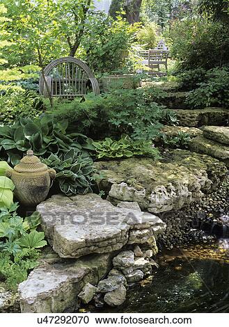 Garden Seating Areas: Willow twig bentwood chair sits nestled among hostas, near water fall and pond. Spring garden. View Large Photo Image Stock Image - Garden Seating Areas: Willow twig bentwood chair sits nestled among hostas, near water fall and pond. Spring garden. . Fotosearch