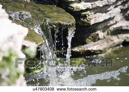 Stock Photo - GARDENS: 1930'S Arts and crafts garden with pond, lily pads, running water off waterfall ledge. Fotosearch