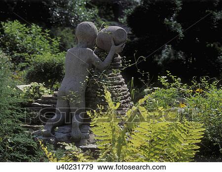 GARDENS: 1930s garden, life size statue of a boy pouring water from an urn onto the waterfall cascade, backside of sculpture, ferns, summer. View Large Photo Image Stock Photo - GARDENS: 1930s garden, life size statue of a boy pouring water from an urn onto the waterfall cascade, backside of sculpture, ferns, summer.. Fotosearch