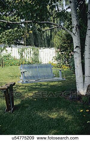 Stock Photograph Of Gardens Antique Garden Swing Under Birch Tree