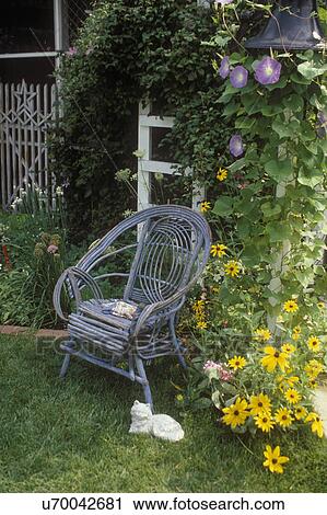 Stock Image - GARDENS: Antique willow chair in front of a white trellis with morning glories, black eyed susans, work gloves on seat of chair, cat sculpture at base of chair leg.. Fotosearch