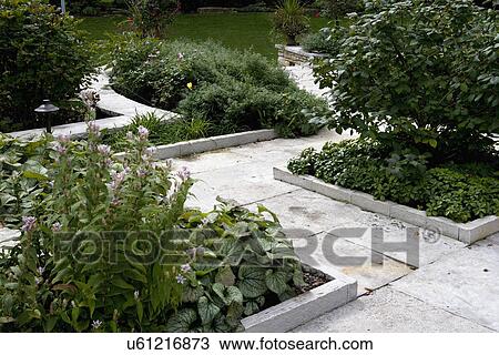 Stock Image - GARDENS: limestone walkway and edging, perennials,. Fotosearch
