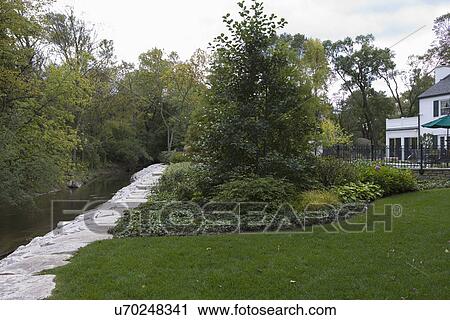 Stock Image - GARDENS: River to the left, stone embankment, ground cover, trees, patio and pool white house. Fotosearch