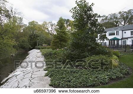 Stock Photograph - GARDENS: River to the left, stone embankment, ground cover, trees, patio and pool white house. Fotosearch