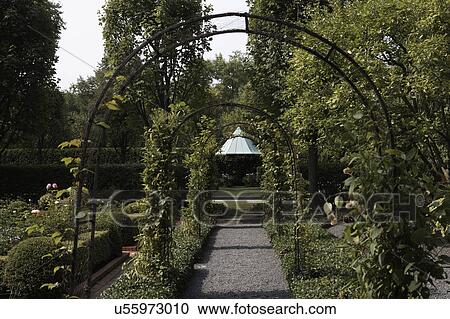 Stock Image - GARDENS: Row of arbors leading to gazebo, gravel path, ground cover, horizontal. Fotosearch