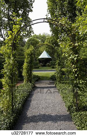 Stock Photo - GARDENS: Row of arbors leading to gazebo, gravel path, ground cover, vertical version. Fotosearch
