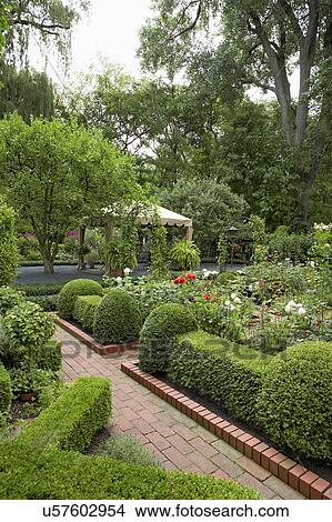 Picture - GARDENS: Shaped hedges surround flower beds in controlled rectangles with paths leading in between, gazebo in distance, more red brick walk showing to front of photo, partial x-shaped hedge in left corner. Fotosearch