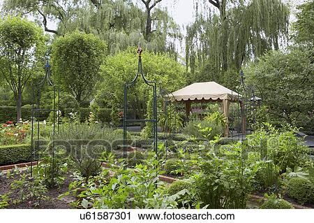 GARDENS: Shaped hedges surround flower beds in controlled rectangles with paths leading in between, gazebo in distance, arbor structures, willow trees beyond View Large Photo Image Stock Image - GARDENS: Shaped hedges surround flower beds in controlled rectangles with paths leading in between, gazebo in distance, arbor structures, willow trees beyond. Fotosearch