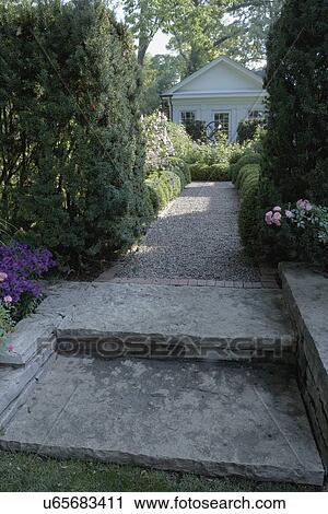 GARDENS: Stone steps lead to a gravel walkway through tall shaped hedges and low rounded boxwood hedges with roses, classical style potting shed in background View Large Photo Image Stock Image - GARDENS: Stone steps lead to a gravel walkway through tall shaped hedges and low rounded boxwood hedges with roses, classical style potting shed in background. Fotosearch