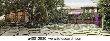 Stock Image - Grass driveway in front of home, Montecito, California, USA. Fotosearch