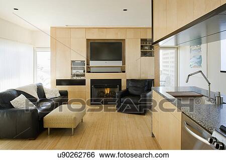 Stock Photograph - Hardwood floor in modern living room, San Diego, California, USA. Fotosearch
