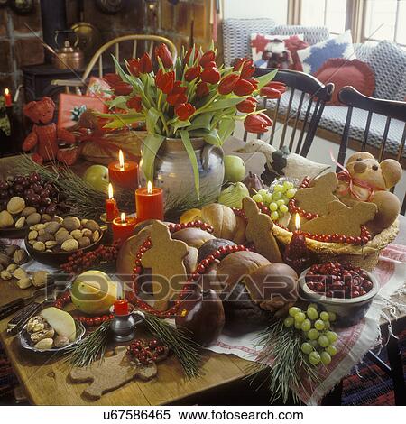 HOLIDAYS: Breads, cookies, fruit, candles, table, tulips. View Large Photo Image Stock Photography - HOLIDAYS: Breads, cookies, fruit, candles, table, tulips. . Fotosearch