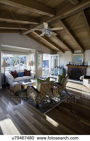 Stock Image - Interior of a traditional living room, Laguna Beach, California, USA. Fotosearch