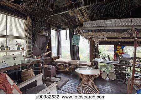 Interior of cottage covered with fishing nets View Large Photo Image Stock Image - Interior of cottage covered with fishing nets. Fotosearch