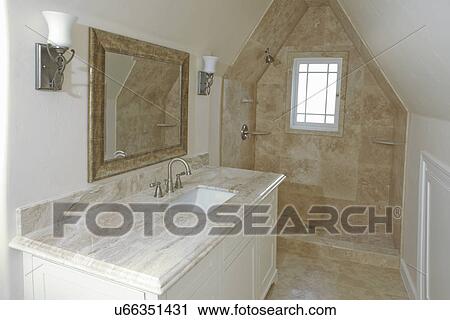 Stock Image - Interior of traditional domestic bathroom, Pasadena, California, USA. Fotosearch