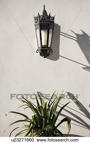 Italianate lantern style sconce on wall above plant; Irvine; California; USA View Large Photo Image Stock Image - Italianate lantern style sconce on wall above plant; Irvine; California; USA. Fotosearch