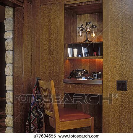 KITCHEN DESK AREA - Off main kitchen is a built into the wall, phone desk, Arts & Craft style, styled 1940's with vintage phone and camera, white oak wood panels. View Large Photo Image Stock Photography - KITCHEN DESK AREA - Off main kitchen is a built into the wall, phone desk, Arts & Craft style, styled 1940's with vintage phone and camera, white oak wood panels.. Fotosearch