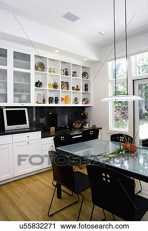 Kitchen Eating Area Frosted Glass Table Top Black Chairs
