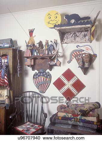 KITCHENS: Detail, folk art collectibles, hooked rugs, game boards, Americana, whirly-gigs, View Large Photo Image Stock Image - KITCHENS: Detail, folk art collectibles, hooked rugs, game boards, Americana, whirly-gigs,. Fotosearch