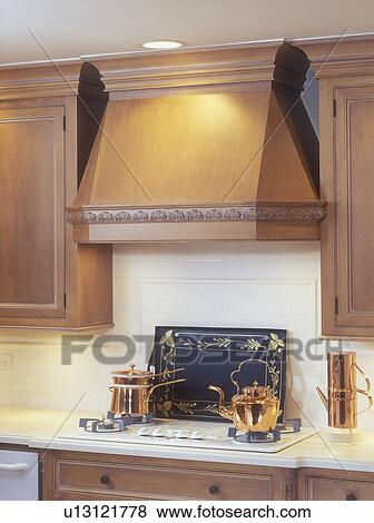 Kitchens Gas Cook Top Vent Hood Copper Pots Traditional