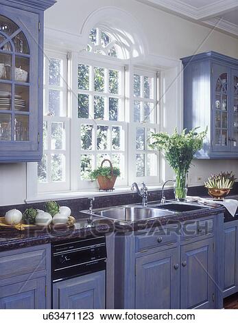 Kitchens Palladian Style Window Over Sink Flanked By Teal