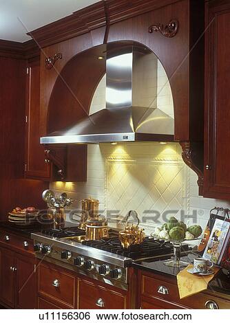 Kitchens Stove Detail Steel Exhaust Hood Cherry Cabinetry