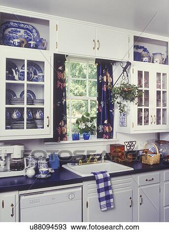 Kitchens White Cabinets Blue Laminate Counter Top Sink Area