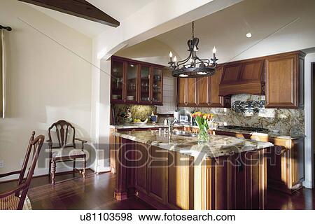 Large island in traditional kitchen, Laguna Beach, California, USA View Large Photo Image Stock Photo - Large island in traditional kitchen, Laguna Beach, California, USA. Fotosearch
